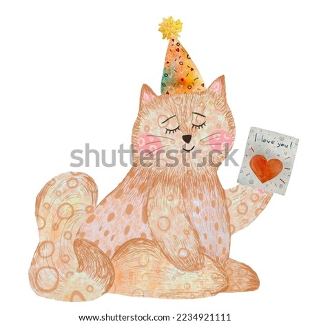 Cat toy card love colors textured sketch. A watercolor illustration. Hand drawn texture. Isolated on white background. For to use in design, fabrics, prints, textile, cards, invitations, banners. 