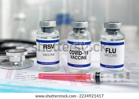 Bottles of vaccine for Influenza Virus, Respiratory Syncytial virus and Covid-19 for vaccination. Flu, RSV and Sars-cov-2 Coronavirus vaccine vials in the medical clinic Royalty-Free Stock Photo #2234921417