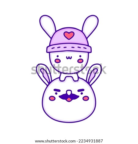 Sweet baby bunny with father doodle art, illustration for t-shirt, sticker, or apparel merchandise. With modern pop and kawaii style.