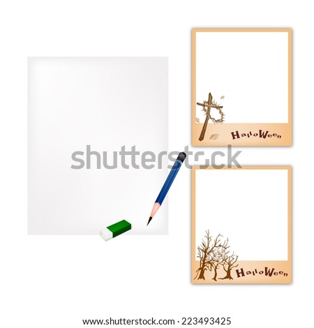 A Sharpened Pencil, Eraser and  Halloween Photo Frame with Blank Paper for Halloween Celebration. 
