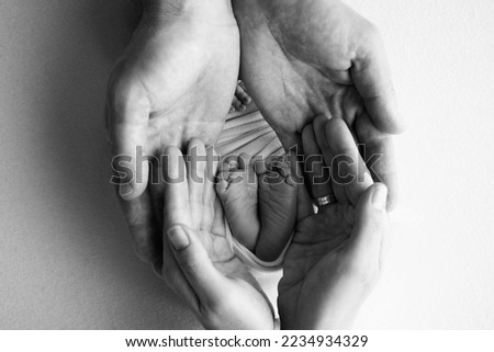 Legs, toes, feet and heels of a newborn. With the hands of parents, father, mother gently holds the child's legs. Macro photography, close-up. Black and white photo. High quality photo. 