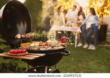 Group of friends having party outdoors. Focus on barbecue grill with food. Space for text Royalty-Free Stock Photo #2234937131