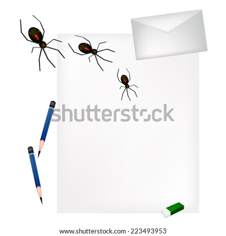 A Sharpened Pencil and Eraser Lying on Blank Paper with A Letter and Black Terrible Halloween Spiders, Sign For Halloween Celebration. 