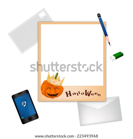 A Sharpened Pencil and Eraser Lying on Halloween Photo Frame with A Postcard, Envelope and Smart phone for Halloween Celebration. 