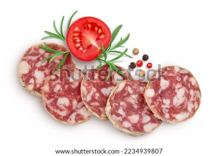 Cured salami sausage slices isolated on white background. Italian cuisine with full depth of field. Top view. Flat lay.