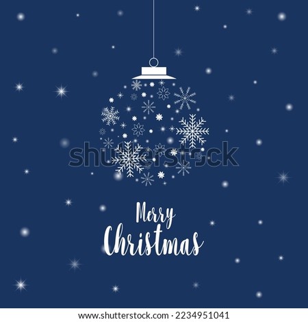 Merry Christmas greeting card. Christmas ball on a blue background with falling snow. Vector illustration