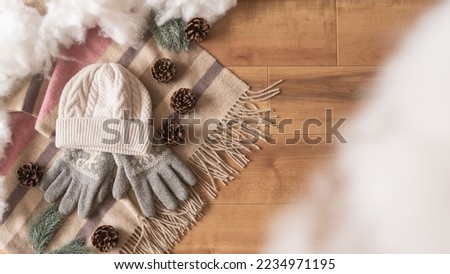 Women's winter clothes. Gloves, muffler and beanie.