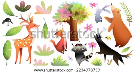 Forest Animals Zoo and nature objects like tree, leaves, grass and bugs. Design clip art collection of animals and wildlife for children. Vector illustration in watercolor style for kids.