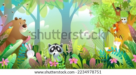 Animals in woods wallpaper for children. Cute animal characters in the forest background, horizontal woodland panorama. Adorable wildlife hiding in trees and grass. Vector illustration for kids book.