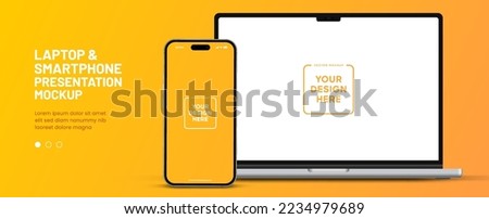Modern laptop mockup front view and smartphone mockup high quality isolated on white background. Notebook mockup and phone device mockup for ui ux app and website presentation Stock Vector. Royalty-Free Stock Photo #2234979689
