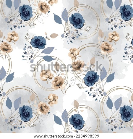Watercolor Bouquets Roses pattern with Gold Circles on foggy cloud background