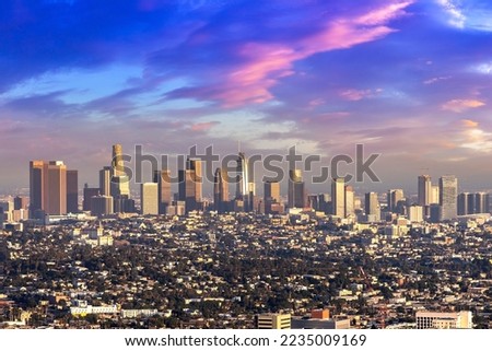 Panoramic aerial view of Los Angeles at sunset, California, USA