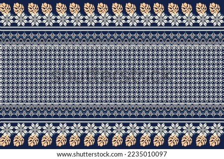 floral cross stitch embroidery on navy blue background.geometric ethnic oriental pattern traditional.Aztec style abstract vector illustration.design for texture,fabric,clothing,wrapping,carpet,print.