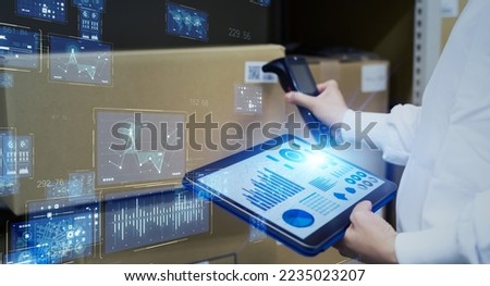 Electronic inventory management concept. logistics tech. RFID. Barcode reader.