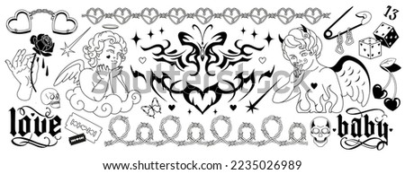 Y2k Tattoo art 90s, 00's silhouettes. Angel, baby demon, butterfly, barbed wire, fire, flame, love art, heart in glam weird style. Vector hand drawn tattoo. Black and white colors, goth stickers. Royalty-Free Stock Photo #2235026989