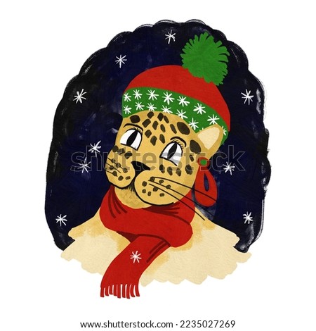 Hand drawn illustration of cute Christmas character leopard cheetah. African American cartoon for cards invitations poster, holiday season winter animal in scarf hat earrings, dark nigh sky with white