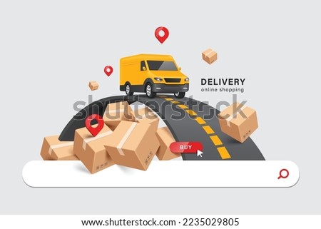 Yellow delivery van is parked on the road and below are stacked parcel boxes or cardboard and it's all on the search bar,vector 3d isolated for logistics,delivery and online shopping concept design Royalty-Free Stock Photo #2235029805
