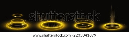Yellow portal circles set isolated on black background. Realistic vector illustration of abstract circular magic light effect glowing, sparkling in darkness. Christmas miracle fantastic transformation Royalty-Free Stock Photo #2235041879