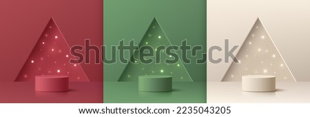Set of 3D abstract with red, cream, green realistic cylinder podium. Neon light bulb in triangle window background. Mockup product display. Mery christmas, New year minimal wall scene. Stage showcase.