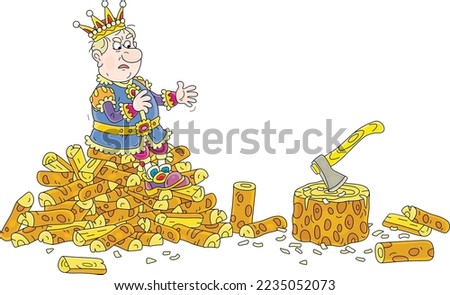 Tired angry king in a golden crown sitting on a pile of chopped firewood and looking with displeasure at an ax stuck in a stump, vector cartoon illustration isolated on a white background