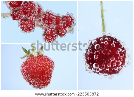Collage of berries in water with bubbles on blue background