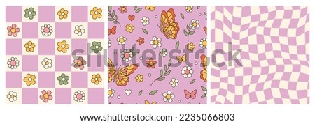 Groovy butterfly, daisy, flower. Hippie 60s 70s seamless patterns. Waves, swirl, checkerboard, chessboard, mesh backgrounds in retro style. Y2k aesthetic. Fashion design, textile, fabric collection.