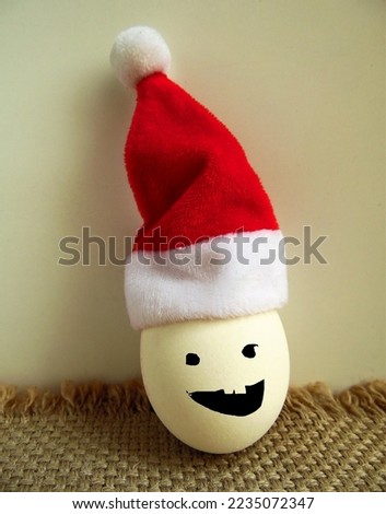 emoticon on a white chicken egg in a Santa hat, Christmas. New Year