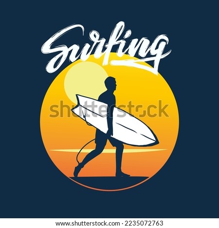 
surfing sunset in beach silhouette vector illustration