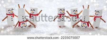 Happy funny marshmallow snowman are having fun in snow. Merry Christmas Winter Panorama. Winter banner
