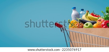 Supermarket shopping cart full of groceries, sale and retail concept, copy space Royalty-Free Stock Photo #2235076917