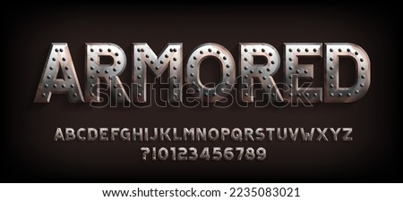 Armored alphabet font. Rusty metal letters and numbers. Stock vector typeface for your design. Royalty-Free Stock Photo #2235083021