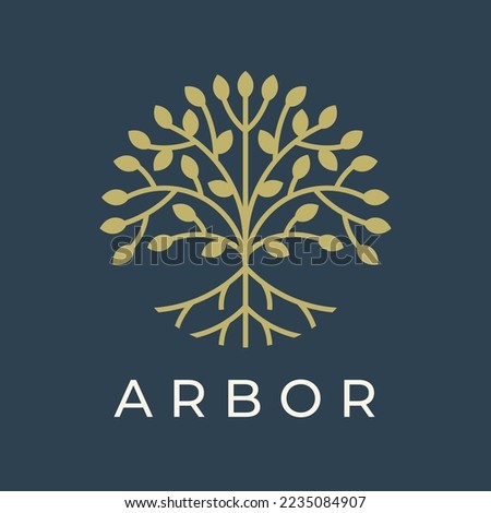 Modern tree logo design. Botanical arbor garden plant line icon. Natural brand emblem. Nature symbol. Vector illustration.