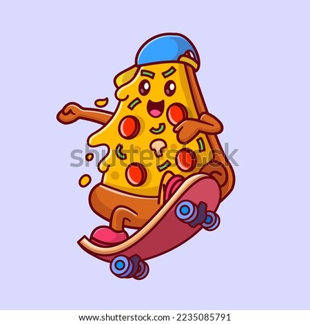 Cute Pizza Playing Skateboard Cartoon Vector Icon Illustration. Food Sport Icon Concept Isolated Premium Vector. Flat Cartoon Style