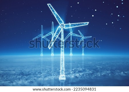 glowing digital wind mill turbine hologram on blue sky and clouds background. Wind generator concept. Double exposure