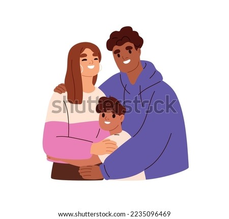 Happy interracial mixed family portrait with parents and child. International mother, father, kid. Biracial couple, mom and dad with son. Flat vector illustration isolated on white background. Royalty-Free Stock Photo #2235096469