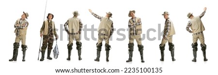 Collage. Profile, front and back view of man, fisherman standing alone isolated on white background. Concept of hobby, labor, business, lifestyle, leisure activity