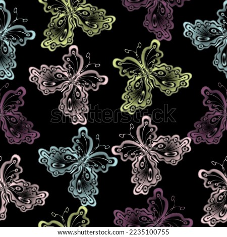 seamless black background with gold butterfly Butterflies and dandelions of gold color on a black background in a vector pattern.