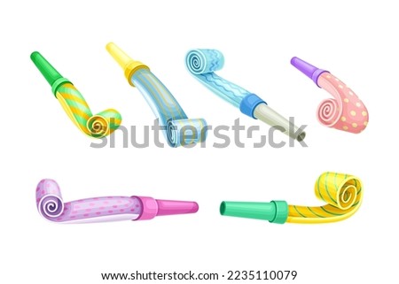 Party whistles set. Pipe blowers for festive event celebration cartoon vector illustration Royalty-Free Stock Photo #2235110079