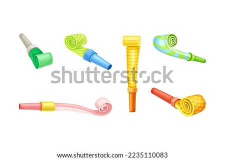 Bright party whistles set. Colorful birthday toys, pipe blowers for festive event celebration cartoon vector illustration Royalty-Free Stock Photo #2235110083