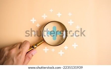 Magnifier focus to value added plus profit icon to benefit growth and development in business, download progress for increase income.