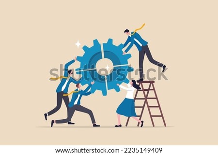 Business integration, partnership to get solution, connection or teamwork, work efficiency, optimization or organization concept, business people team colleagues connecting cogwheel gear together. Royalty-Free Stock Photo #2235149409