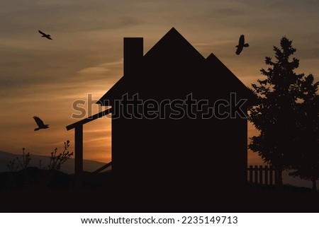 Vector silhouette of house on sunset background. Symbol of farm and solitude.