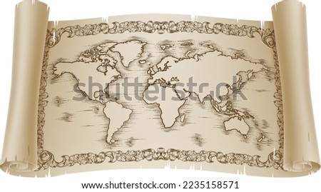 A world map on a paper scroll banner or parchment in a vintage woodcut engraved style