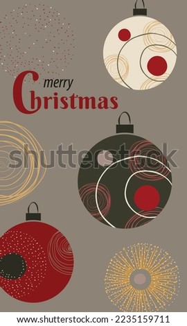 Merry Christmas card with xmas shining balls in red colors and gray background, with fireworks decor and golden elements. Balls decorated in abstract and flat style. Modern and minimalistic. Drawing.