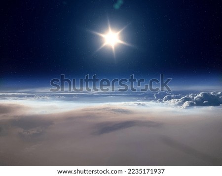Earth, Sun and space. High altitude view between sky and space. Earth's upper atmosphere. Atmosphere of Earth. Elements furnished by NASA. Royalty-Free Stock Photo #2235171937