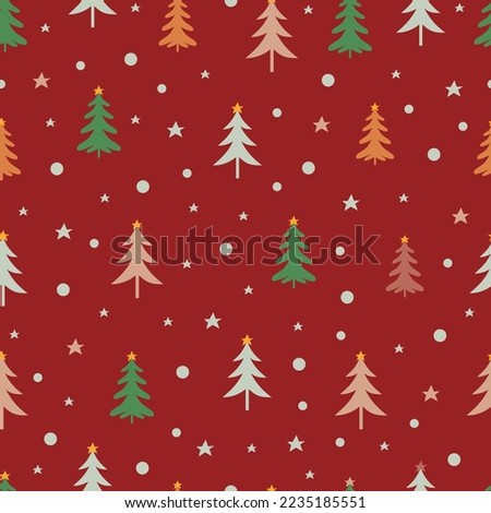 Aesthetic decorating arrangements of holly jolly Christmas ornaments. Fir trees, snowflakes, polka dots etc. Allover printed seamless surface pattern. Repeating texture with red background.