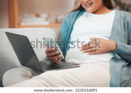 Relax, pregnancy and woman on sofa with phone and laptop in living room at home reading email or text. Internet, video call or social media, pregnant woman sitting on couch with smile surfing online.