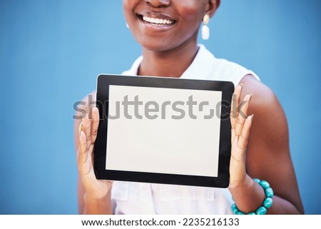 Tablet, mockup and screen with hands of black woman for digital, social media and website. Communication, technology and internet with girl for contact, online and networking in blue background