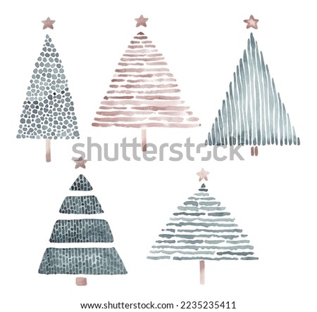Christmas trees set isolated on white background. Hand drawn by watercolor. Blue, green, beige colours. Traditional simple Christmas tree