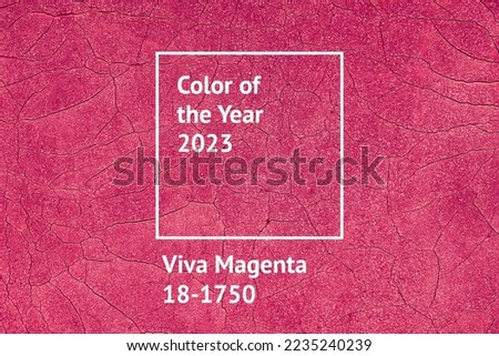 Color of the Year 2023 Viva Magenta sign on rough texture background.